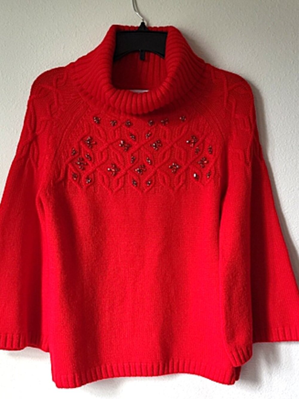 Red Cowl Neck Rhinestone Knit Sweater - Women New York & Company Size Med